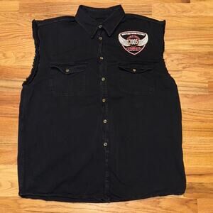 VTG Sturgis 2005 Button Front Black Frayed Seams Sleeveless Shirt Biker Size XXL